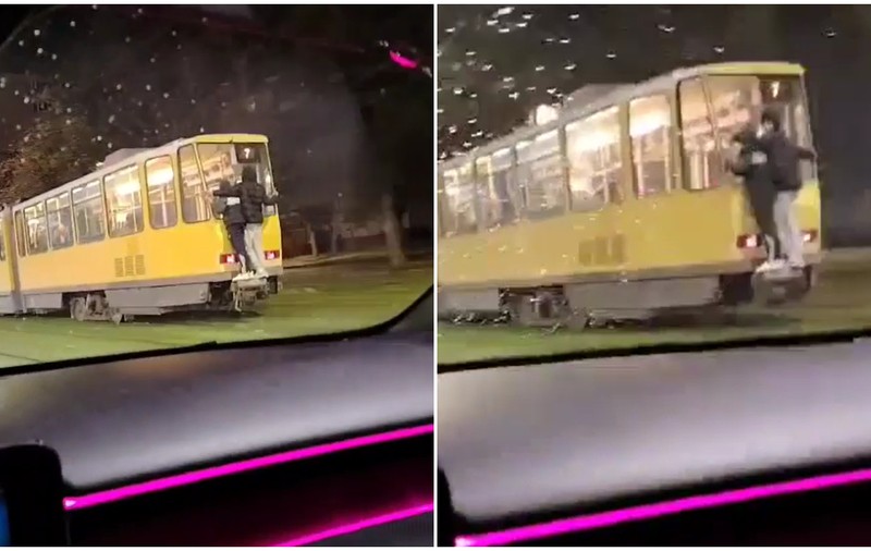 Doi adolescenți din Oradea au fost filmați în timp ce mergeau agățați de un tramvai