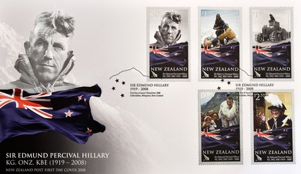 NEW ZEALAND - CIRCA 2008: A stamp printed in New Zealand shows Sir Edmund Percival Hillary, first person to climb Everest, post firs day cover, circa 2008