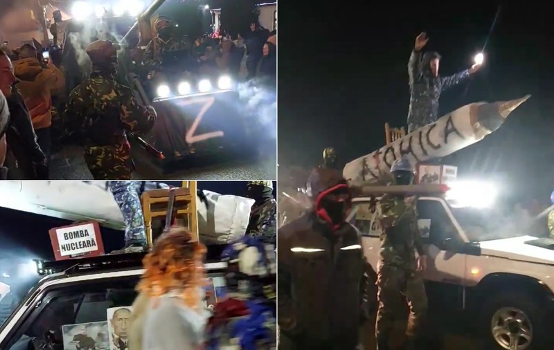 „Mascații” din Berzunți s-au îmbrăcat în ruși și au defilat cu rachete și „bomba atomică”. Personajul Putin îndeamnă la viol în plugușor