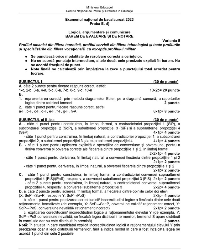 Baremul de corectare pentru proba de Logică Bacalaureat 2023 a fost publicat de Ministerul Educației