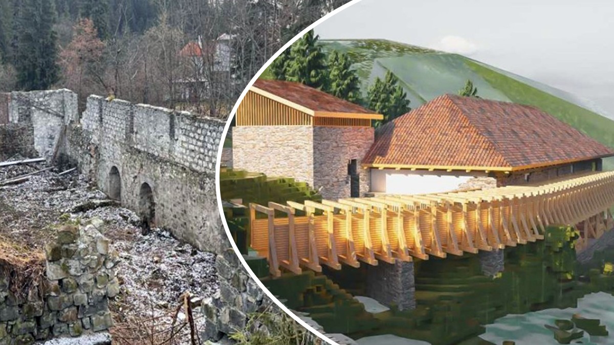 Un colaj cu o cladire veche ruinata in stanga si un proiect de modernizare a cladirii in dreapta