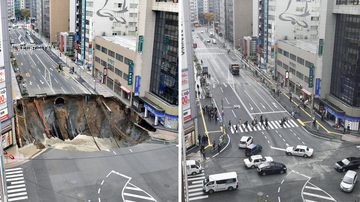 O groapă uriașă de 30 de metri care s-a format în mijlocul unei intersecții din Japonia a fost reparată, în mod impresionant, în doar 48 de ore