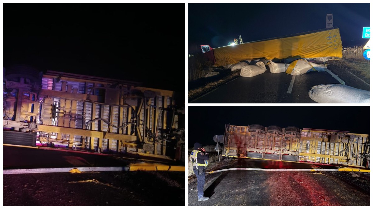 TIR cu 49 de tone de sare de potasiu, răsturnat pe DN22