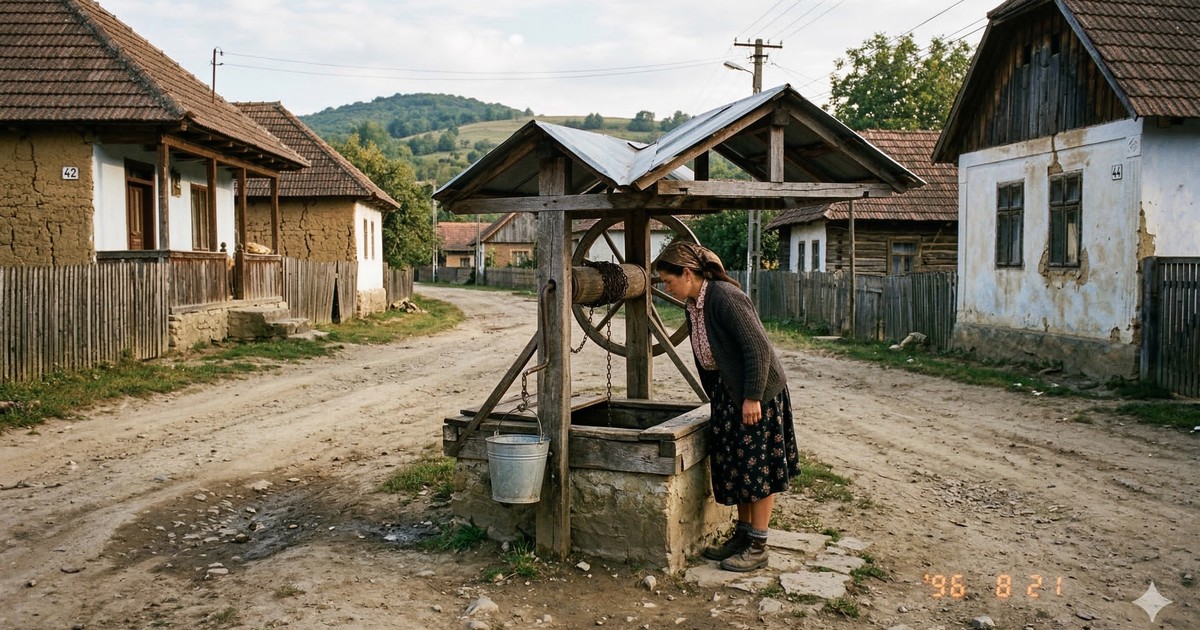 o uliță de sat românesc, in anul 1996, pe care, intre două case, e o fantana cu roata si lant la galeata, iar in dreptul ei stă o femeie de 31 de ani, uitându-se in fantana