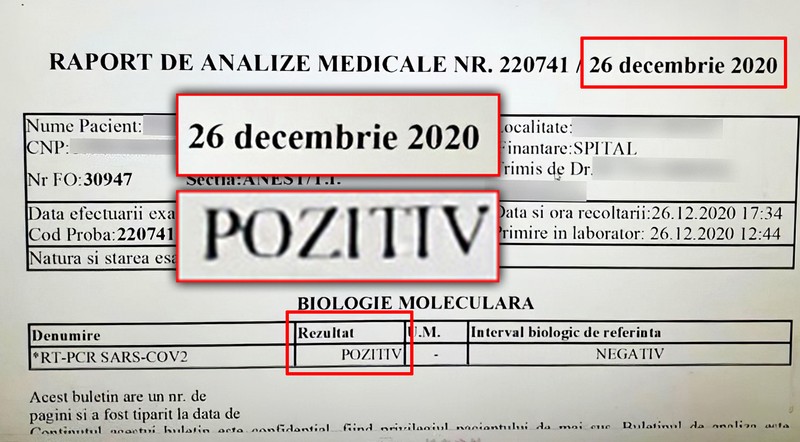 Raportul de analize medicale din data de 26 decembrie 2020