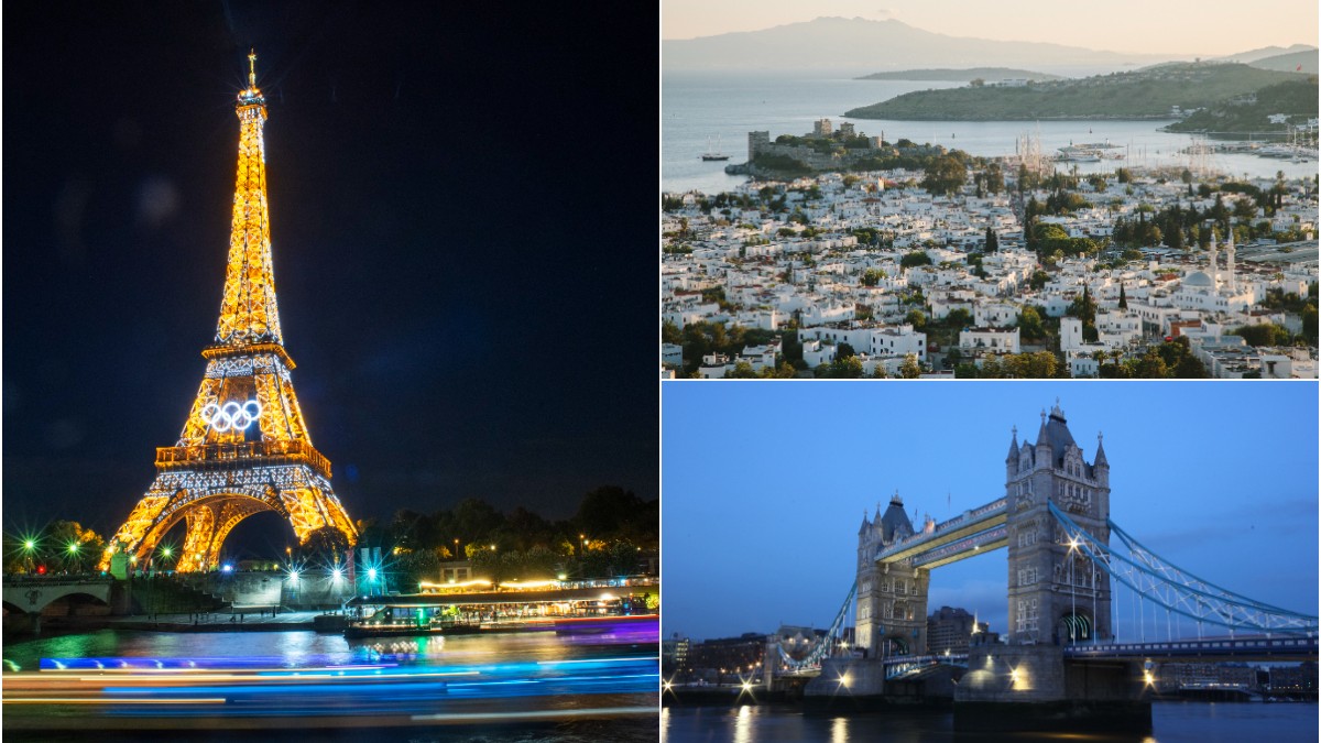 În imagine sunt ilustrate Turnul Eiffel din Paris, care este iluminat, o vedere panoramică asupra orașului Bodrum, Turcia, unde se pot observa clădiri albe, caracteristice arhitecturii mediteraneene, împreună cu portul și marea în fundal. O fotografie a Podului Tower Bridge din Londra, Marea Britanie, surprins la apus. Podul este iluminat, iar cerul are o nuanță albastră.