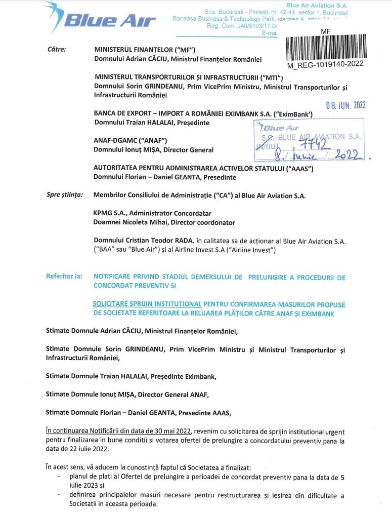 Extras din documentul datat 8 iunie 2022, adresat de Blue Air miniștrilor PSD de Finanțe și Transporturi, Adrian Câciu și Sorin Grindeanu.