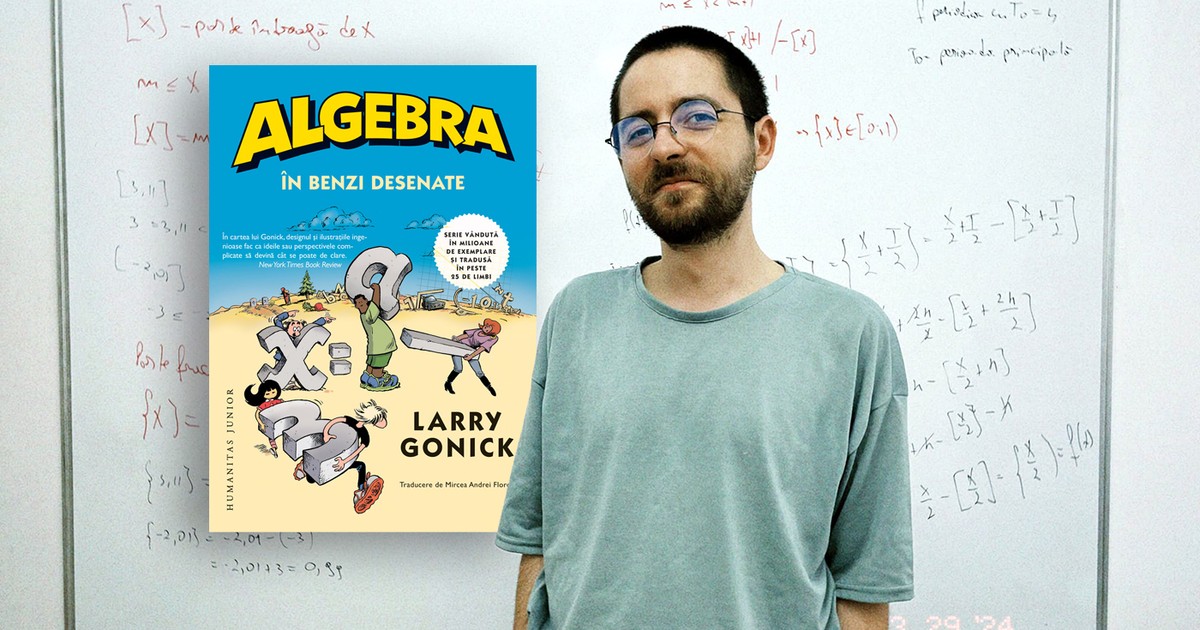 Un colaj cu un profesor de matematica in fata unei table scolare cu exercitii de algebra si coperta unei carti de matematica