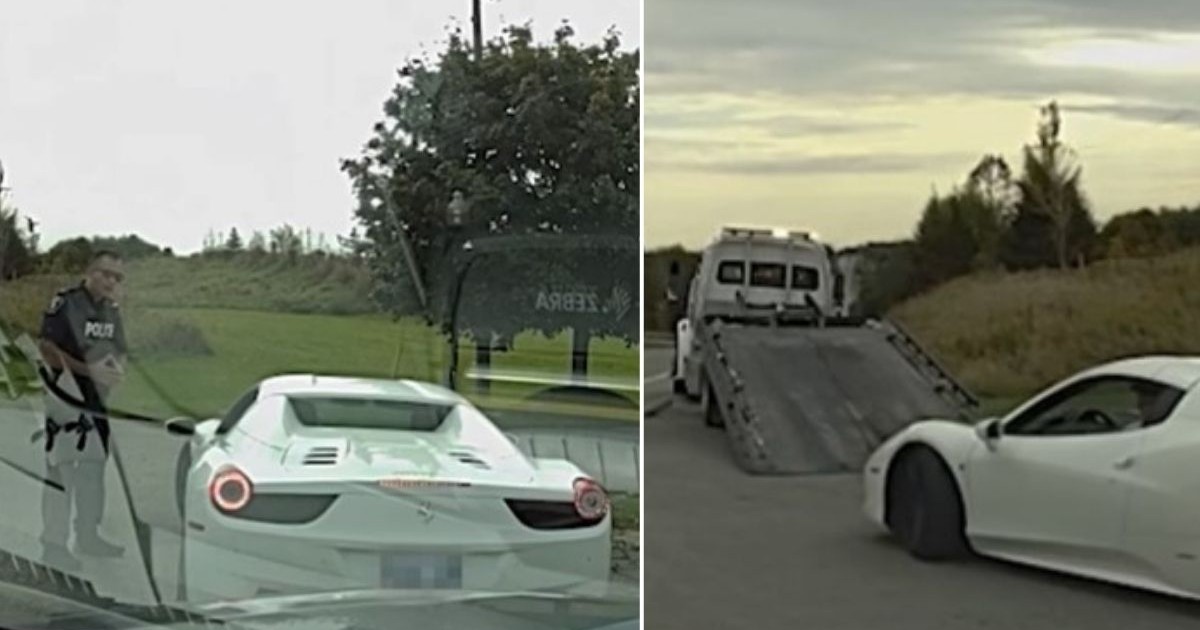 colaj foto format din două imagini: imaginea din stânga arată un ofițer al poliției canadiene, în uniformă, stând lângă un Ferrari alb, vorbind cu șoferul, văzut prin parbrizul unei alte mașini iar imaginea din dreapta arată Ferarri-ul așezat în spatele unei mașini de tractări auto