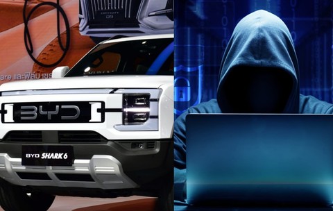 Colaj: Platforma off-road BYD Shark 6 DMO Super Hybrid, primul pick-up al BYD prezentat la cea de-a 46-a ediție a Salonului Internațional Auto de la Bangkok // Un hacker care stă la un laptop