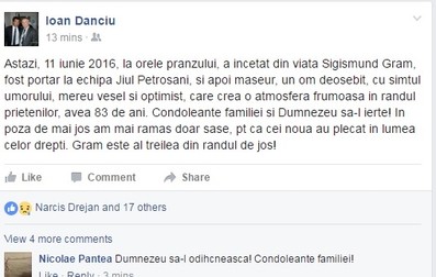 Anunțul morții lui Gram a fost făcut de fostul arbitru Ioan Danciu