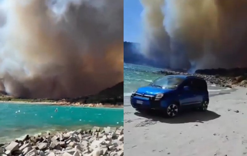 Incendiul violent a ajuns până la plajă, în Sardinia. Momentul în care turiștii disperați fug din calea flăcărilor