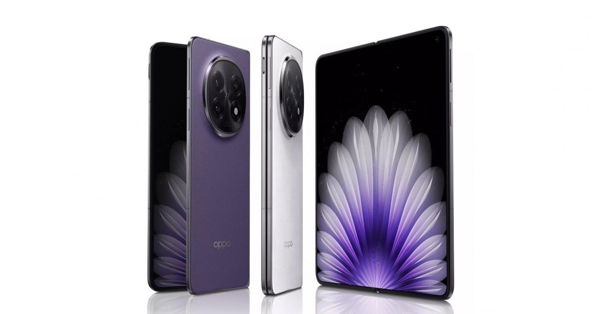 Telefoane Oppo Find N5 depliate și pliate, afișând o imagine mov, ele fiind pe un fundal alb.