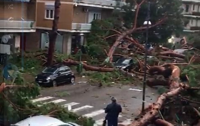 Imagini apocaliptice din timpul furtunii care a lovit Italia, în orașul Terracina. O stradă întreagă acoperită de arbori seculari |VIDEO