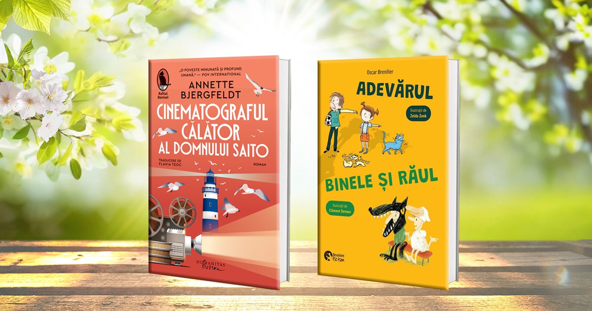 Doua coperti de carti pe o masa cu un fundal de primavara