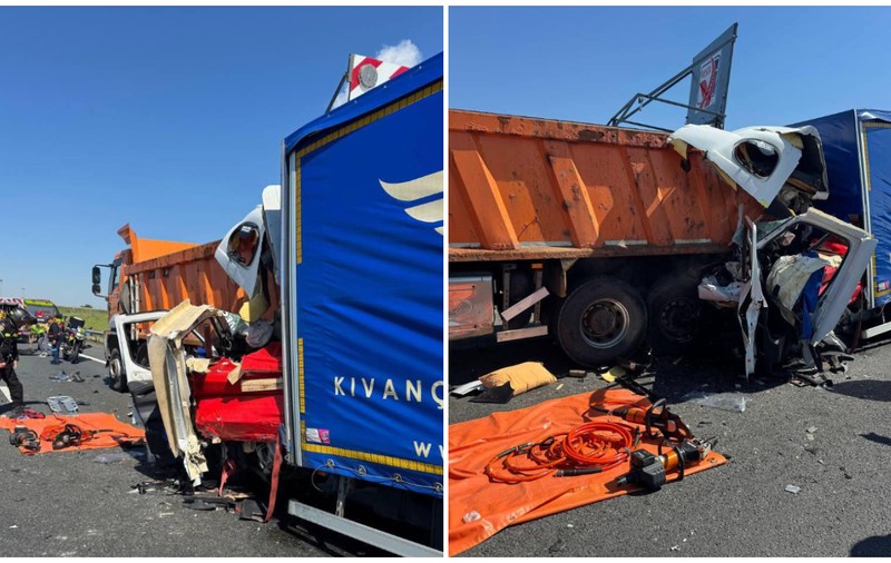 Accident rutier pe autostrada Lugoj-Timișoara: un șofer a rămas încarcerat după ce a intrat cu autoutilitara într-un camion încărcat cu pietriș 