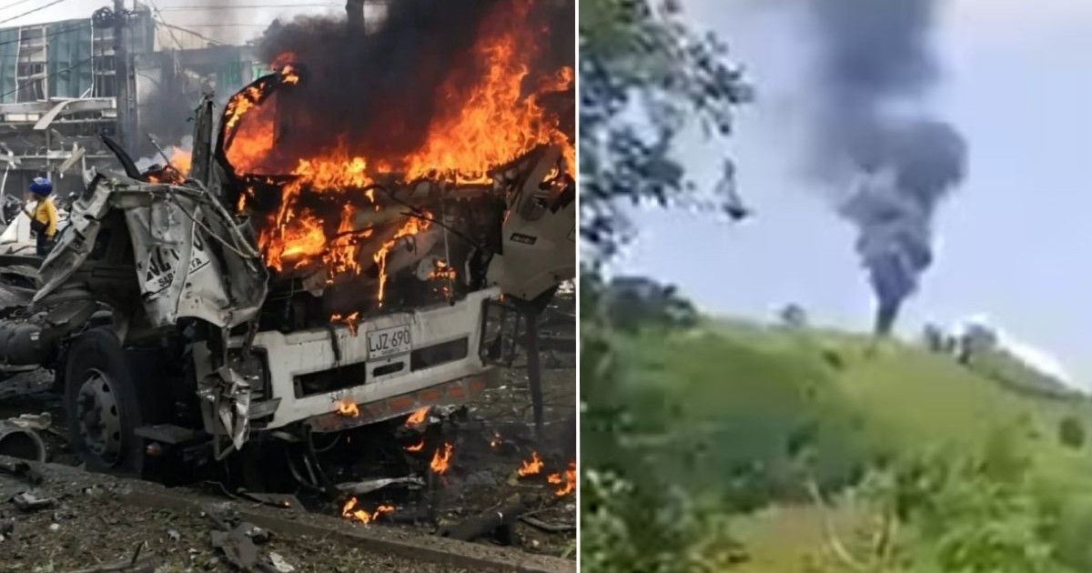 colaj foto format din două imagini: imagine di stanga arata u camion în flăcări iar cea din dreapta arata fum negru care se ridica din departare