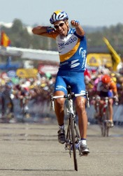 Spaniard Juan Antonio Flecha of IBANESTO.COM reacts as he crosses the finish line to win the 11th stage of the 2003 Tour de France cycling race, Thursday 17 July 2003 in Toulouse. The 153.5km long 11th stage of the world's biggest cycling race led the cyclists from Narbonne to Toulouse. EPA PHOTO/DPA/GERO BRELOER