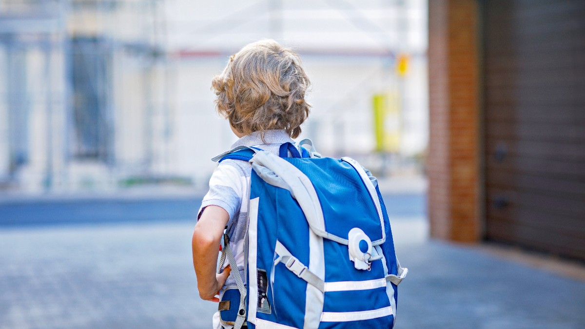 Imaginea prezintă din spate un copil cu păr blond ondulat, care poartă un rucsac școlar mare, de culoare albastru și gri. Copilul stă pe o alee pavată, probabil în fața unei clădiri școlare, și pare să fie gata să înceapă sau să termine o zi de școală.