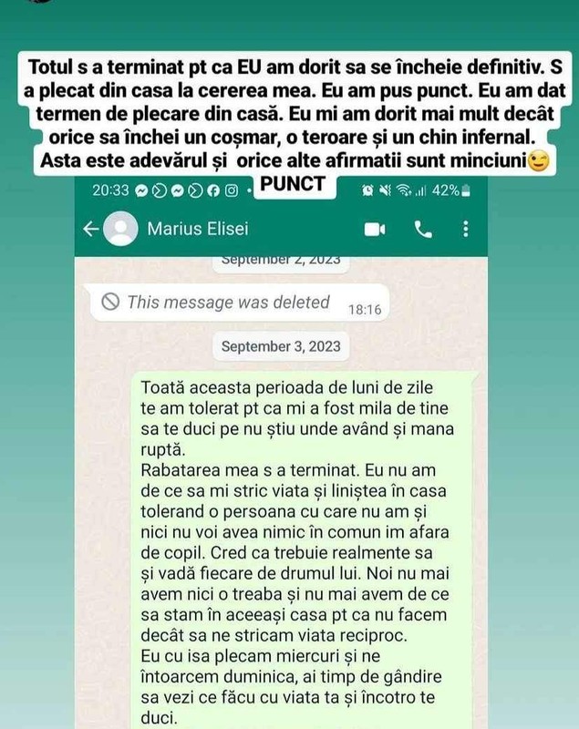 Oana Roman a făcut public mesajul de despărțire pe care i l-a trimis lui Marius Elisei: „S-a plecat din casă la cererea mea”