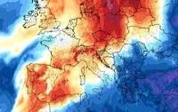 O hartă meteorologică a Europei ce indică variațiile de temperatură, evidențiind zone cu valori mai ridicate marcate cu roșu în Europa Centrală și de Vest și zone cu aer mai rece colorate în albastru în sud-estul continentului.   