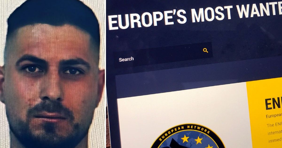 Colaj din două fotografii. În stânga, un bărbat cu aspect serios, cu părul scurt și negru și barbă, în dreapta: o pagină web cu titlul „EUROPE'S MOST WANTED” și logo-ul Europol.