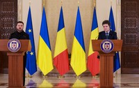 Declarații de presă comune susținute de președintele Ucrainei, Volodimir Zelenski (S), și de președintele României, Nicușor Dan (D), la Palatul Cotroceni, din București, joi, 12 martie 2026.