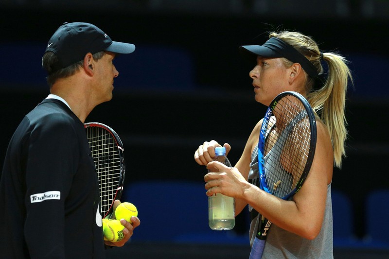 3083297 04/26/2017 Russian tennis player Maria Sharapova during a training session at Porsche Arena. Left: Maria Sharapova's trainer Sven Groeneveld. Anton Denisov/Sputnik