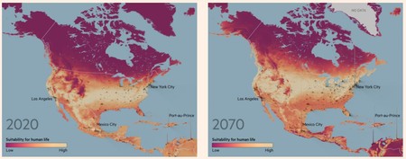 America de Nord acum și în 2070, în cel mai pesimist scenariu. Culoarea închisă reprezintă zona cu condiții nepotrivite de locuire Sursa: Financial Times