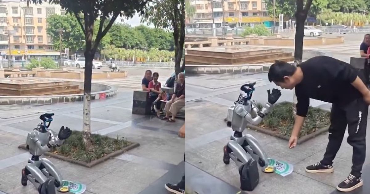 Un colaj cu două fotografii în care apare un robot care cerșește în plină stradă, cu mâinile împreunate la piept