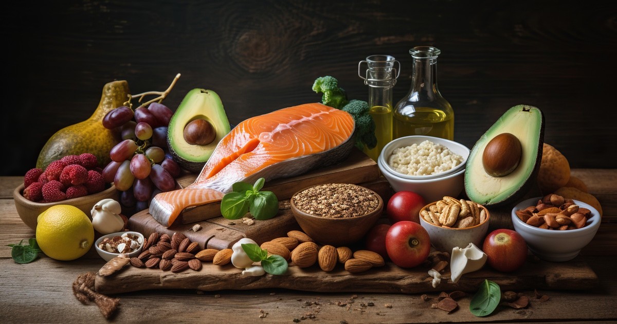 Poză cu alimente bogate în acizi grași Omega-3, precum avocado, somon și nuci