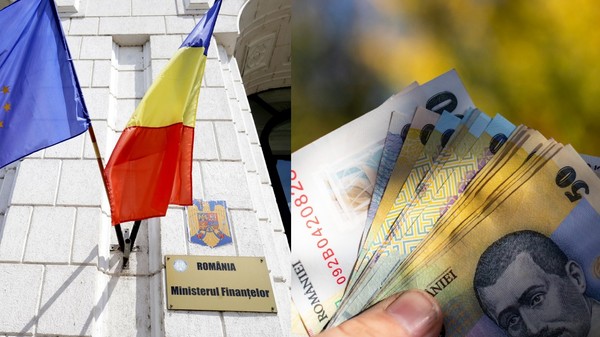Clădirea Ministerului finantelor din România, steagul UE și al României //  bancnote lei ținute în mână