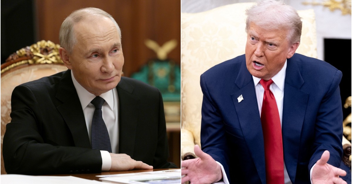 Vladimir Putin, în stânga, Donald Trump, în dreapta, ambii îmbrăcați la costum.