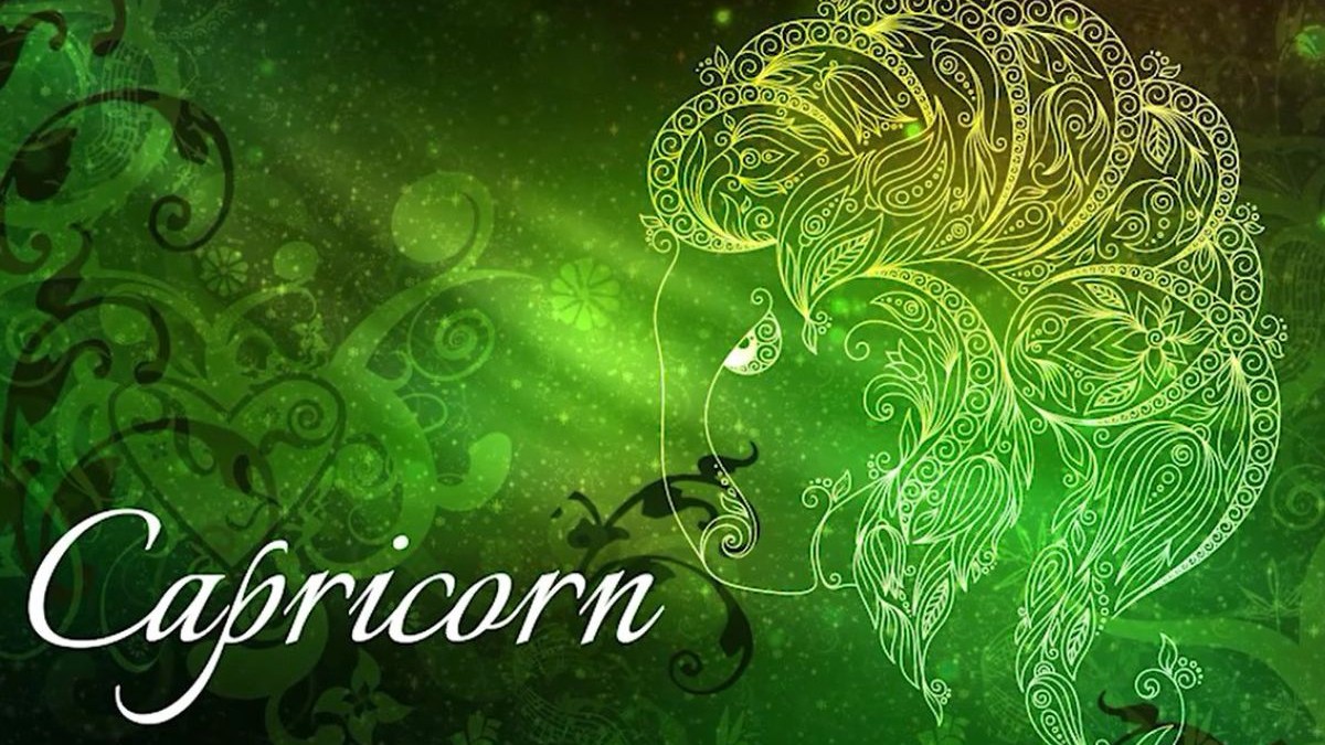 Imagine creativă cu zodia Capricorn, de culoare verde și cuvântul Capricorn scris pe fotografie în partea din stânga jos