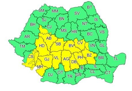 Harta zonelor vizate de avertizarea cod galben