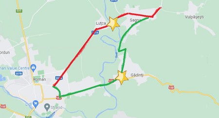 Cu roșu este drumul inaccesibil după prăbușirea podului de la Luțca. Iar cu verde este varianta&nbsp;utilizată acum, drumul care trece prin intersecția cumplită de la Gâdinți