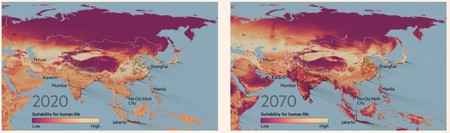Asia acum și în 2070, în cel mai pesimist scenariu. Culoarea închisă reprezintă zona cu condiții nepotrivite de locuire Sursa: Financial Times