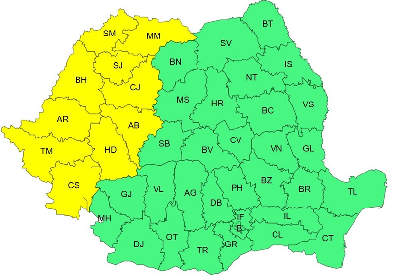 Harta județelor afectate de codul galben de caniculă