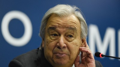 UN Secretary General Antonio Guterres gives a press conference