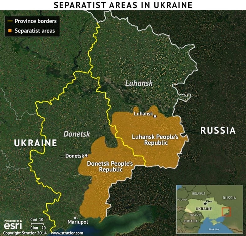 Regiunile Donețk și Luhansk. Cu portocaliu - zonele controlate de separatiști. Sursa: Stratfor