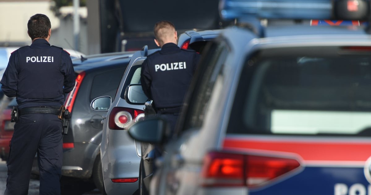 Doi polițiști care stau cu spatele și se află lângă mai multe mașini parcate.