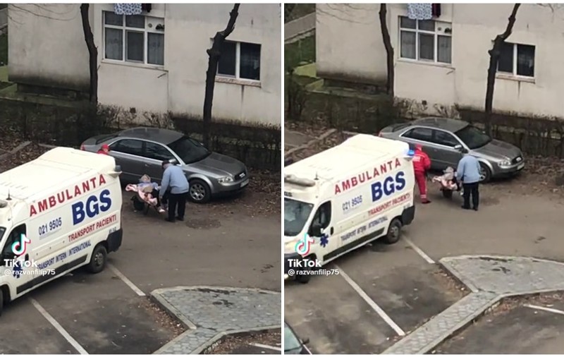 Pacientă din Iași, dusă cu roaba până la ambulanță, pentru că targa era defectă | VIDEO