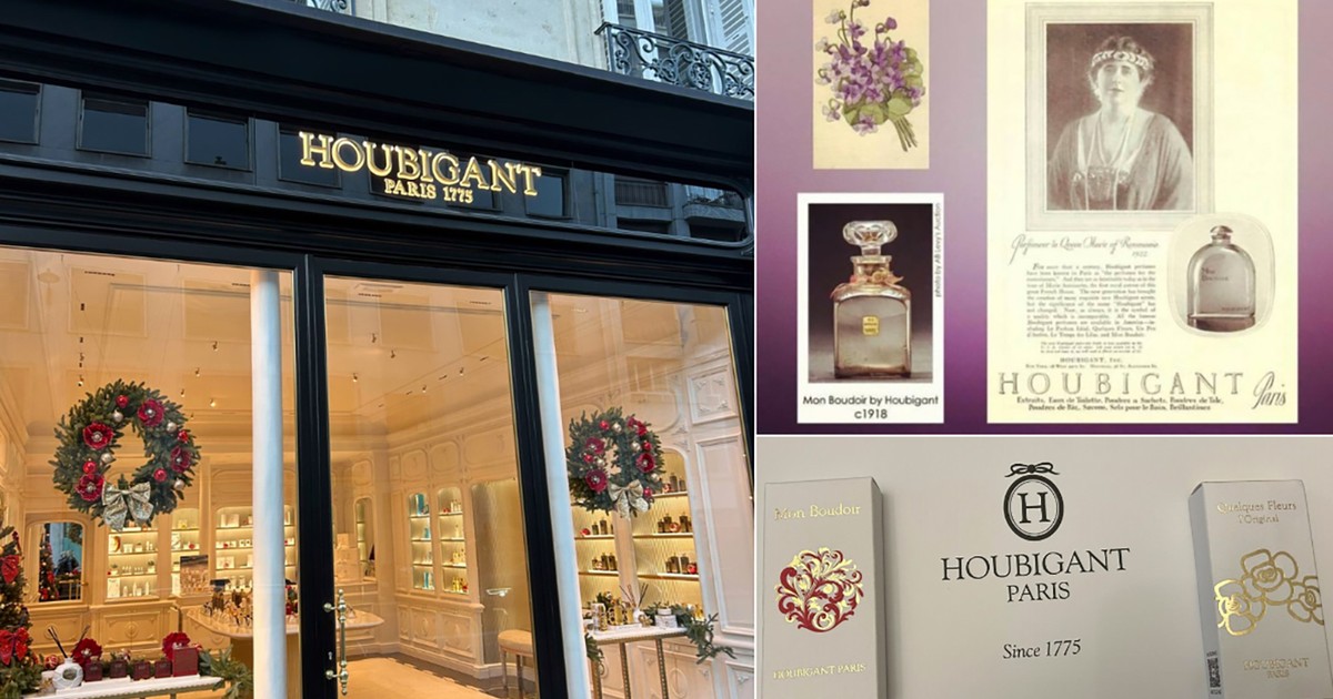Buticul de parfumuri Houbigant din centrul Parisului (stânga), prima reclamă a unui cap încoronat pentru un parfum (dreapta, sus) și mostre „Mon Boudoir”, parfumul preferat de Regina Maria