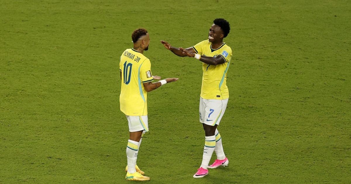 MIAMI GARDENS, FLORIDA - JUNE 24: Neymar Jr #10 and Vinicius Junior #7 of Brazil celebrate after the 3-0 win during the FIFA World Cup 2026 Group C match between Scotland and Brazil at Miami Stadium on June 24, 2026 in Miami Gardens, Florida. (Photo by Michael Reaves/Getty Images)