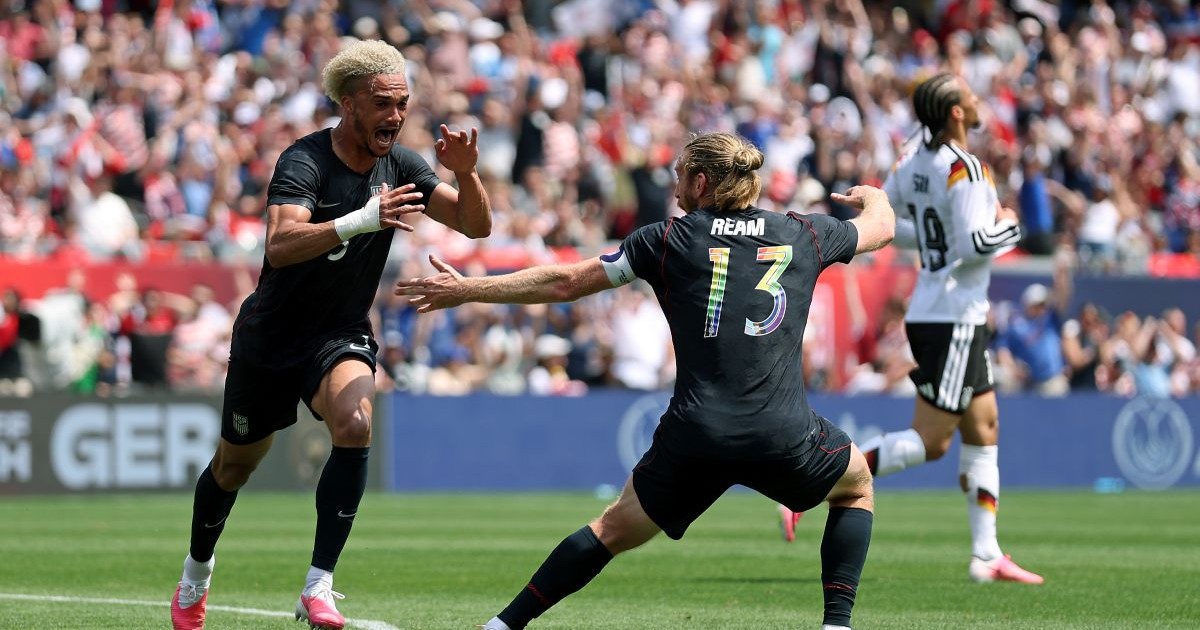 CHICAGO, ILLINOIS - JUNE 06: Antonee Robinson #5 of United States celebrates after scoring his team's first goal during the international friendly match between United States and Germany at Soldier Field on June 06, 2026 in Chicago, Illinois. (Photo by Jamie Squire/Getty Images)