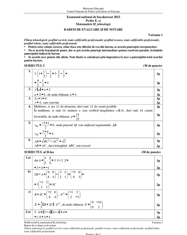 Baremul de corectare la matematică pentru Bacalaureat 2023 a fost publicat de Ministerul Educației