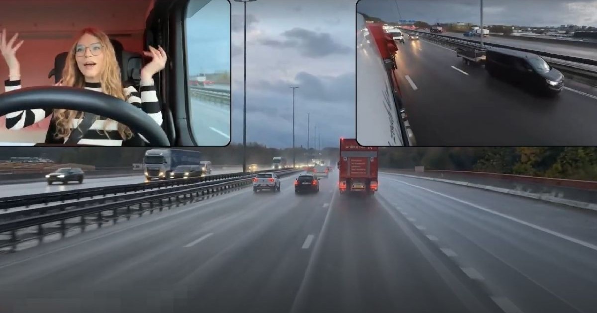 Colaj fotografic care prezintă o șoferiță îmbrăcată într-un pulover cu dungi albe și negre, un autobuz roșu cu etaj pe o autostradă și o stradă aglomerată și ploioasă.
