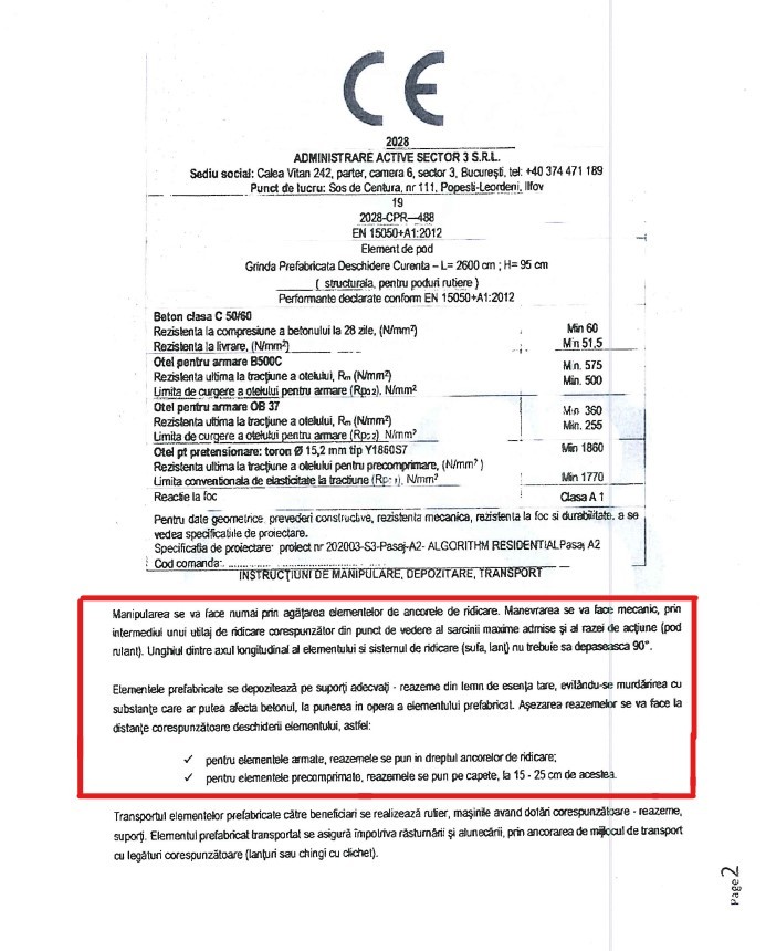 Una dintre declarațiile de performanță, cu instrucțiunile de manipulare și depozitare