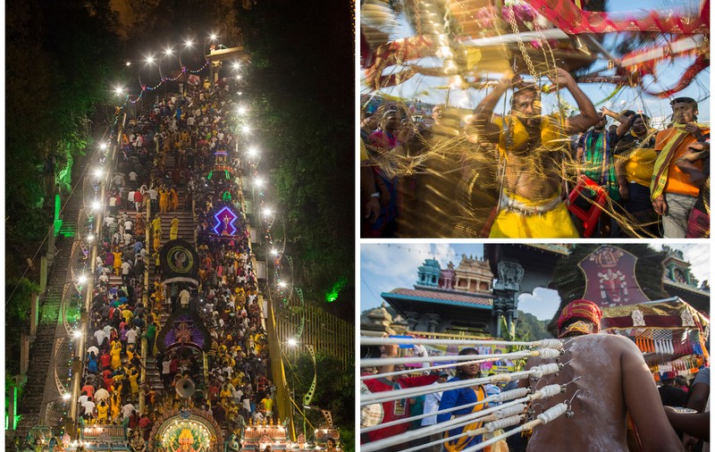 Imagini impresionante de la cel mai mare festival religios din Malaezia! Zeul hindus al războiului, celebrat cu țepușe de argint trecute prin obraji și kilograme de fructe agățate de piele cu cârlige!