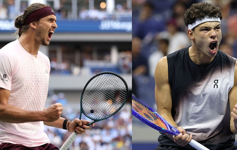 Colaj Alexander Zverev// Ben Shelton care vor lupta în  finala US Open 2026 - ambii țin raceta de tenis în mâini